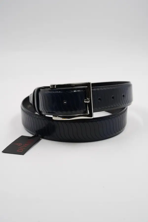 Genuine Leather Classic Navy Blue Patent Leather Striped Pattern Suit Belt
